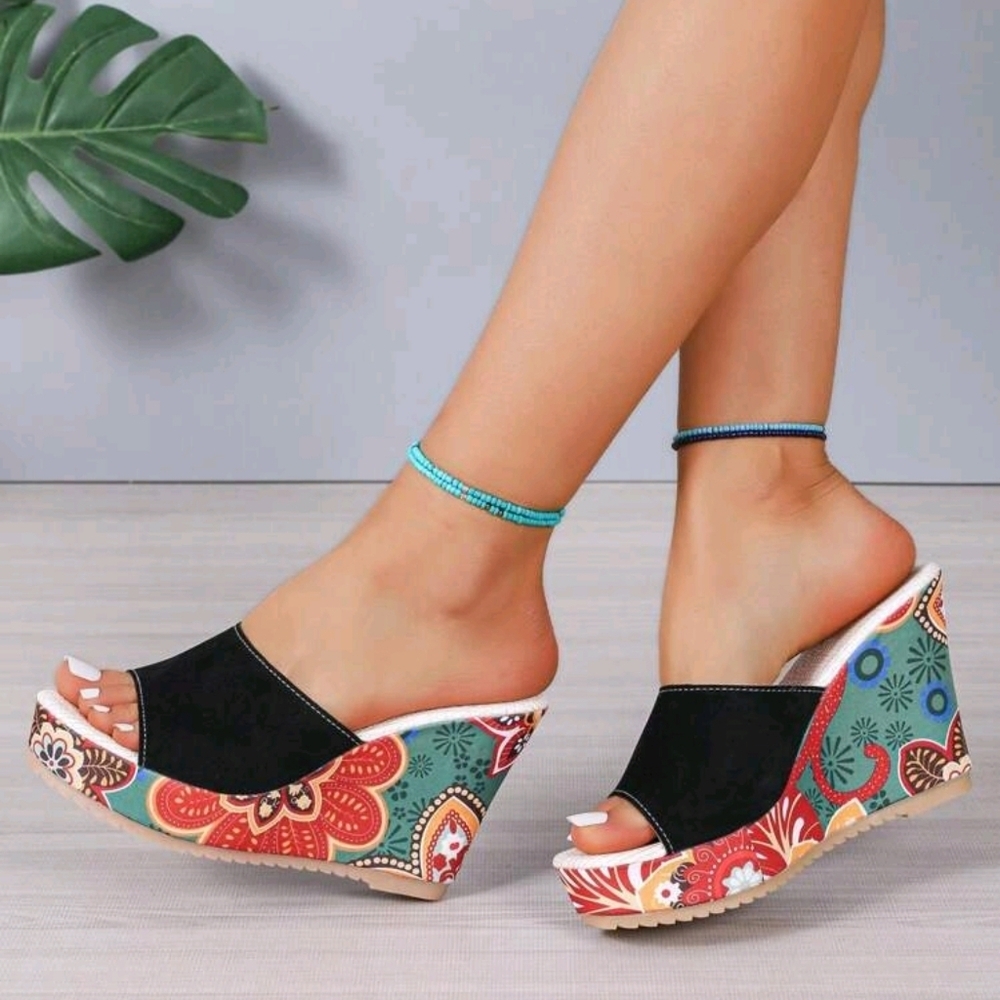 Women's Wedge Heeled Sandals, Floral Print Peep Toe Slip-On High Heels - Picture 2 of 5
